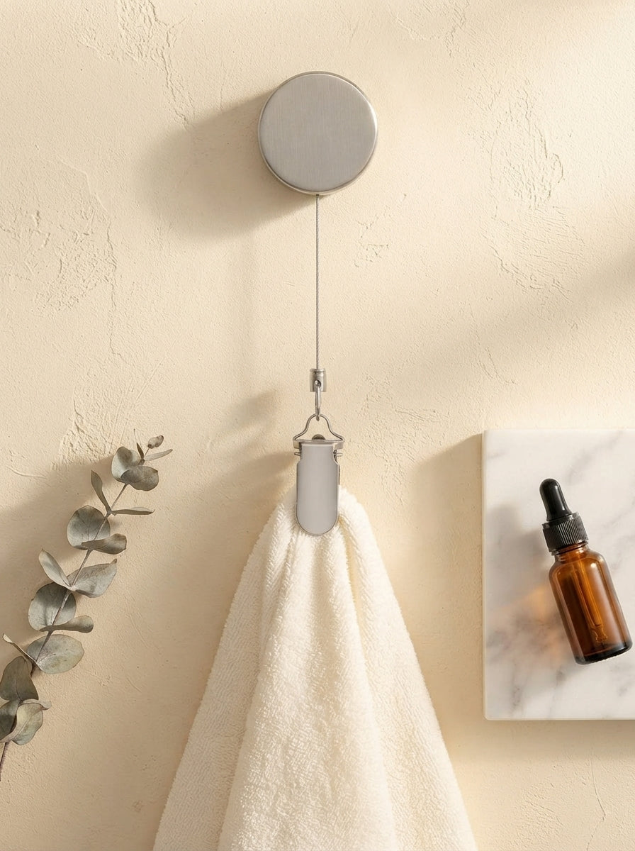 A stainless steel self-retracting towel hook holding a linen hand towel against a cream wall with minimalist decor.