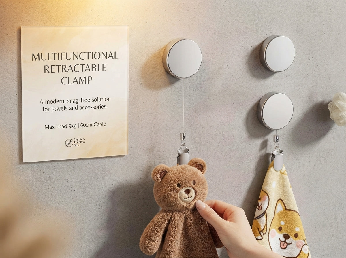 A stainless steel self-retracting towel hook holding a soft towel on a clean bathroom wall.